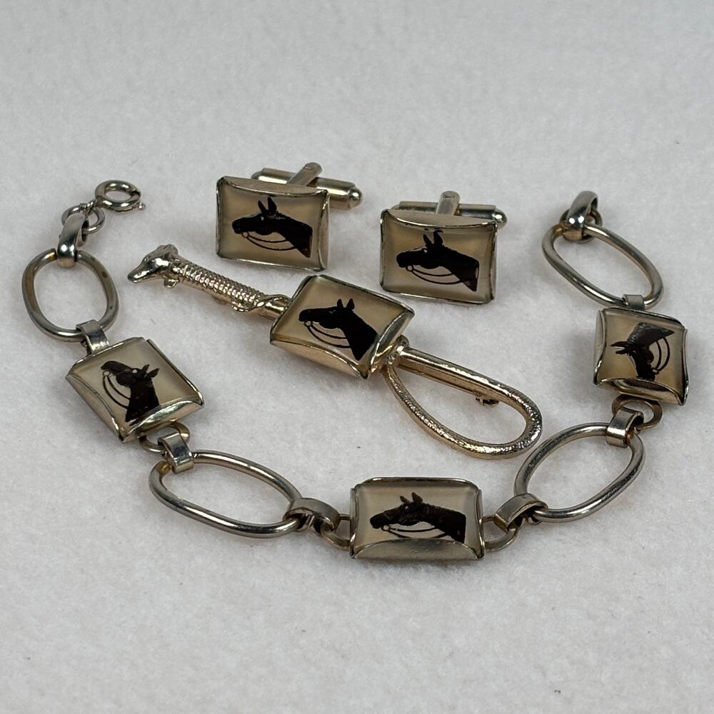 Vintage Reverse Painted Horse Silhouette Silver Tone Set Bracelet Cufflinks Pin
